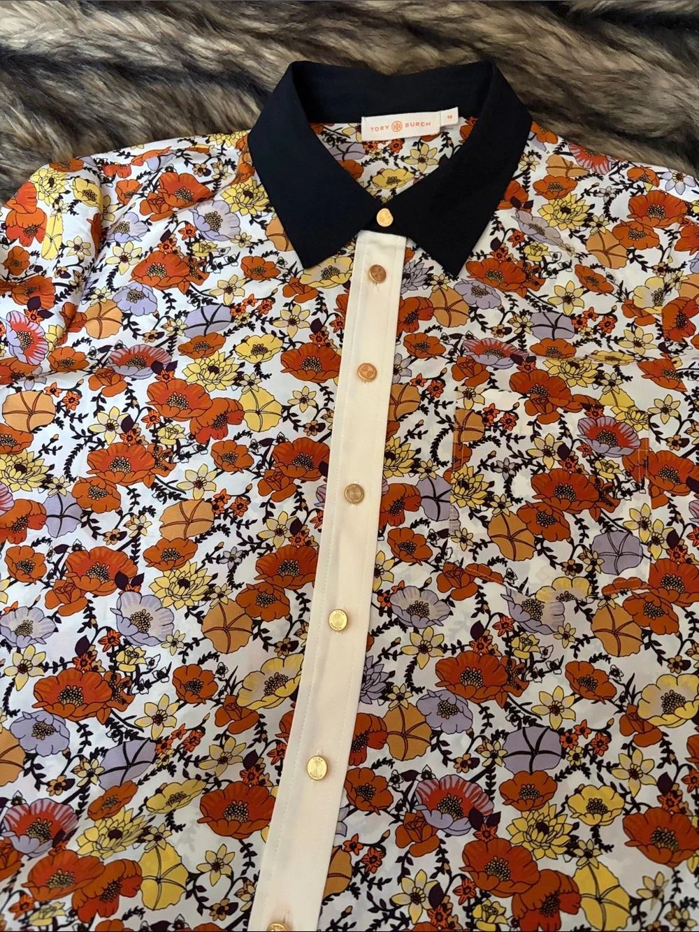 Tory Burch Silk Shirt Ditsy Blossom Patchwork Stud Print Floral Orange Size 10